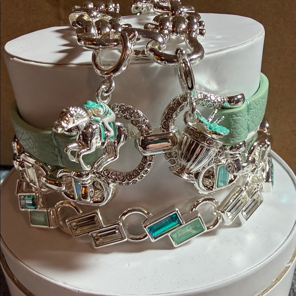 Mint Green Charm Bracelet Necklace Set - Silver Tone
